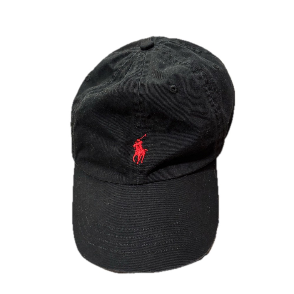 Polo Ralph Lauren Mens Black Cotton Baseball Cap Red Pony Leather Strap Hat